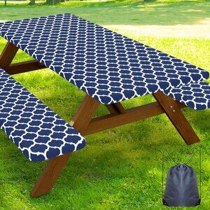 Picnic Table Cover with Bench Covers, Waterproof Elastic Fitted Tablecloth